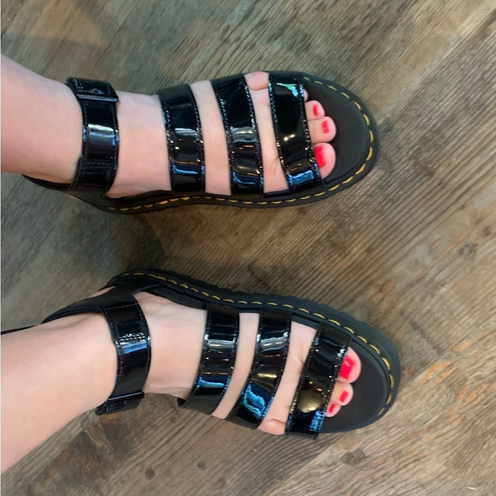 Doc Martens black patent leather platform strappy sandals